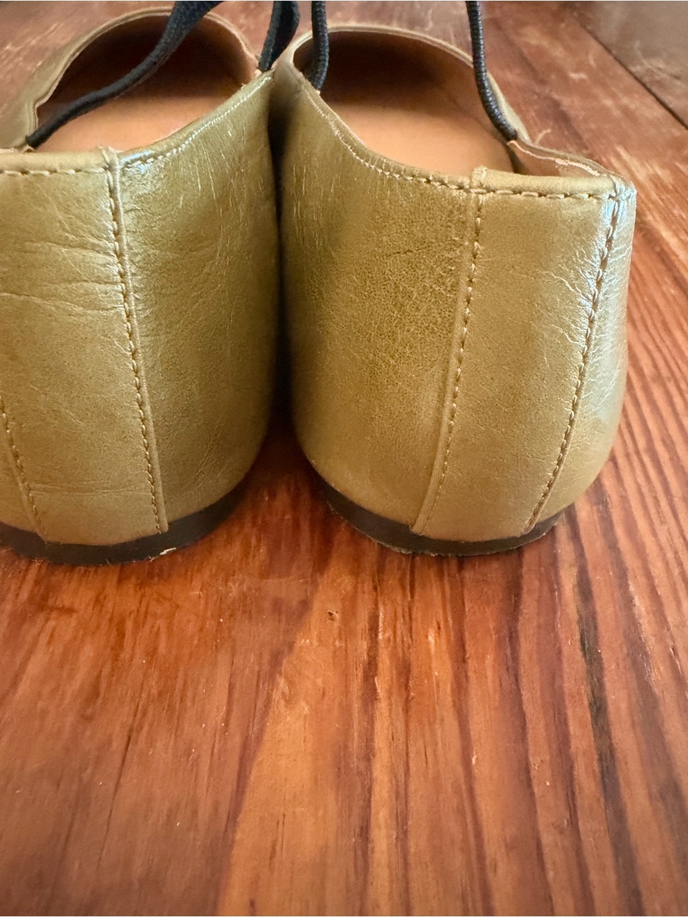 Olive Green Leather Mary Jane Flats with Black Strap - Picture 4 of 5
